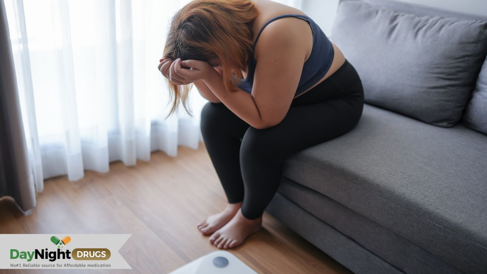 A tensed woman due to belly fat 