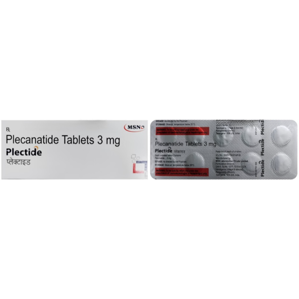 A box and strip of Plecanatide tabs