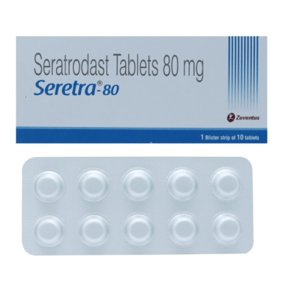 A pack and a strip of Seratrodast 80mg Tablets