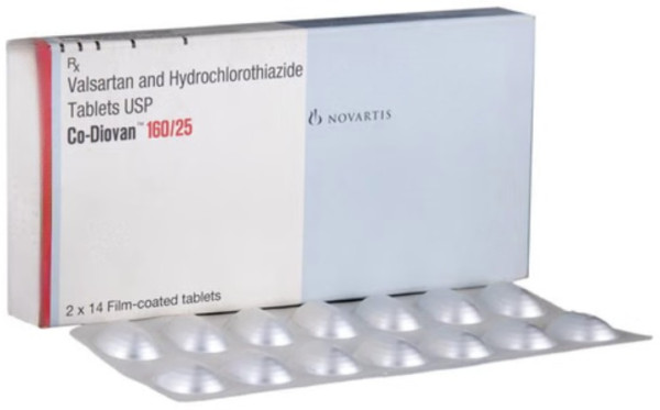 A box and a strip of Valsartan + Hydrochlorothiazide Tablets