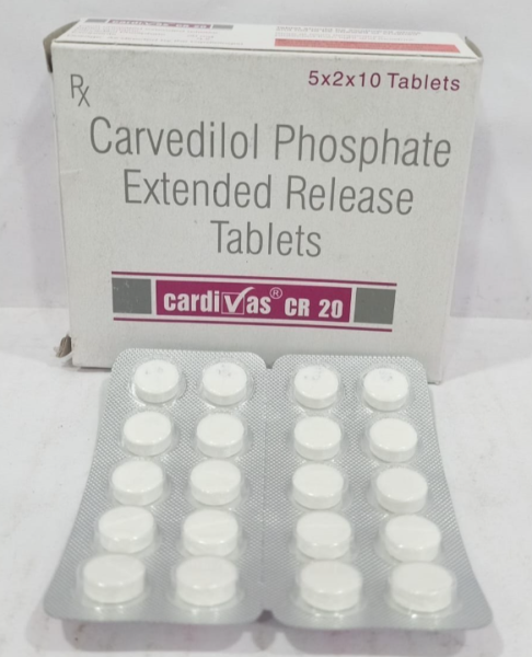 A pack and strips of Carvedilol (20mg) Tablet