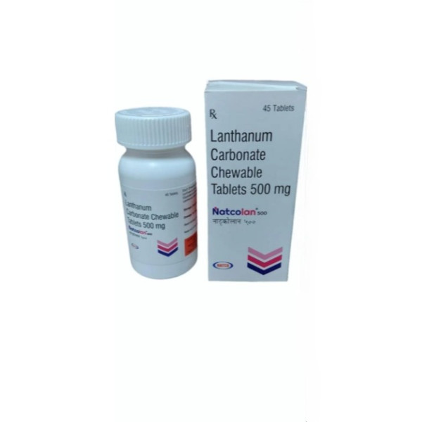 A box and a bottle of Generic Lanthanum Carbonate (500mg) Tablet