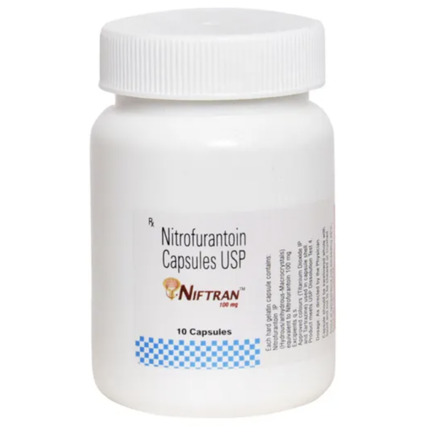 A bottle of Nitrofurantoin 100mg Caps