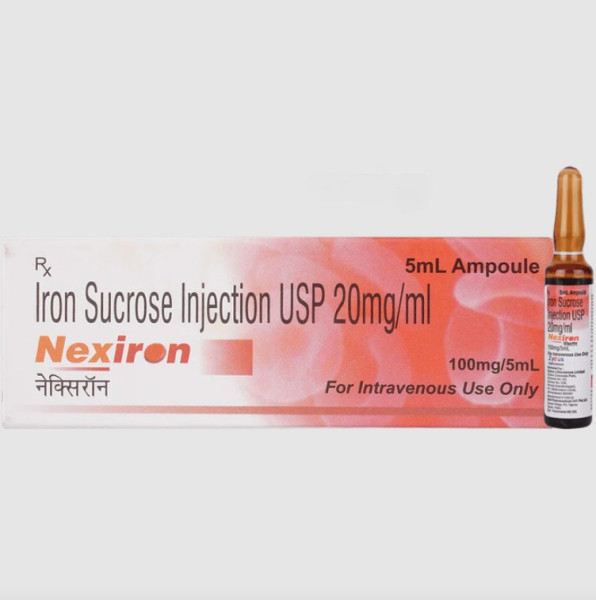A pack and an ampoule of Iron Sucrose (100mg/5ml) Generic Injection