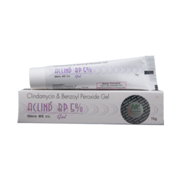 A tube and box of generic Benzoyl Peroxide (5%) + Clindamycin (1%) Gel