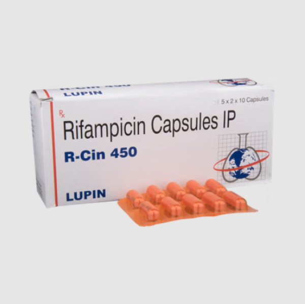 A box and a strip of Rifampicin (450mg) Capsule