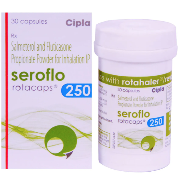 A box and a bottle of Salmeterol (50mcg) + Fluticasone Propionate (250mcg) Rotacaps