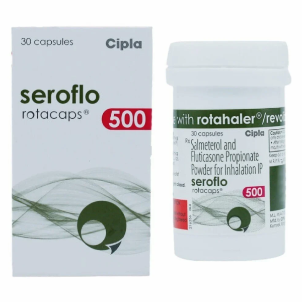 A box and a bottle of Salmeterol (50mcg) + Fluticasone Propionate (500mcg) Rotacaps