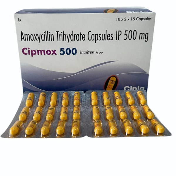 Front and back of generic amoxicillin 500mg capsule blister strip