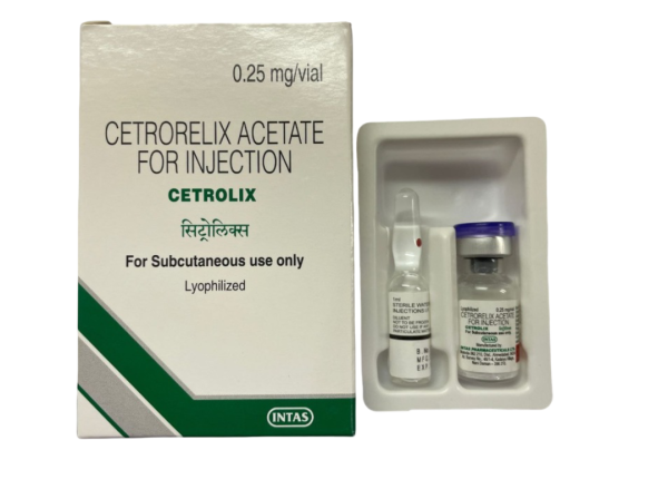 A box and a vial of Cetrorelix (0.25mg) Injection along with the solvent.