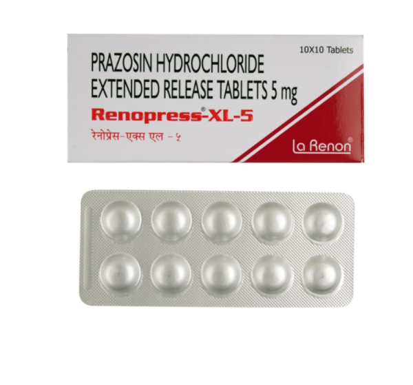 A pack and a strip of Prazosin (5mg) Tablets