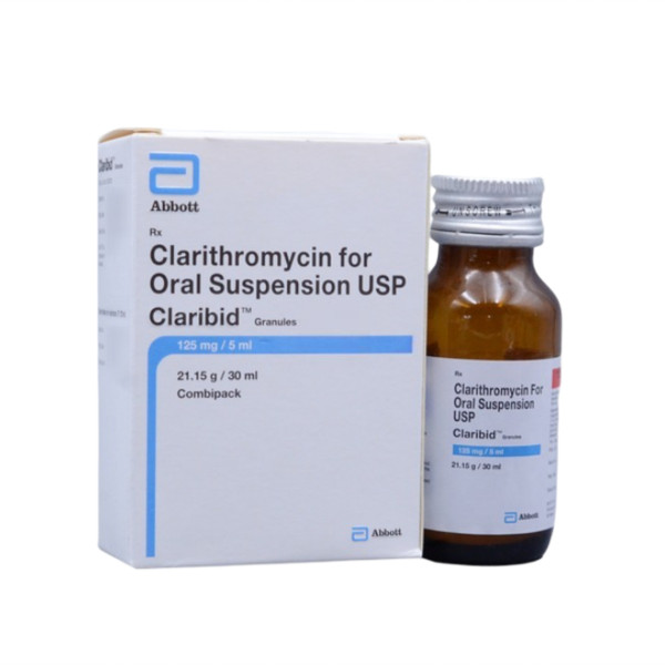 A box and a bottle of Clarithromycin Oral Suspension