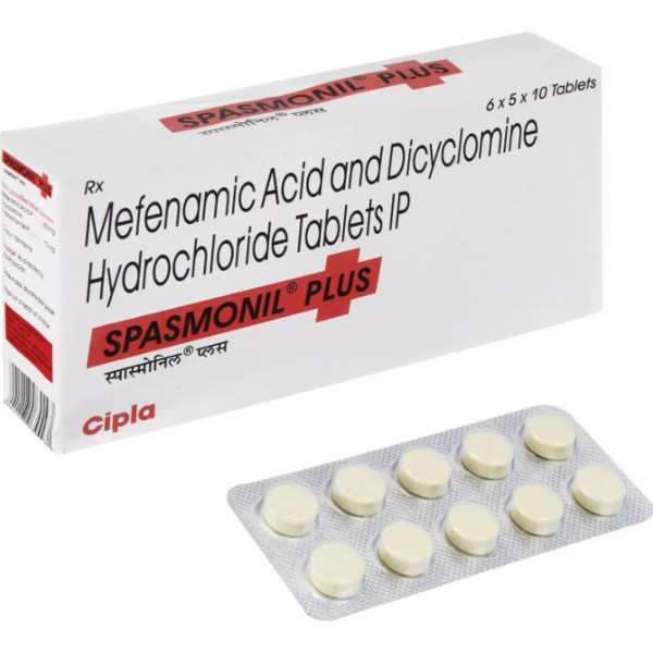 A box and a strip of Dicyclomine (10mg) + Mefenamic Acid (250mg) Tabs