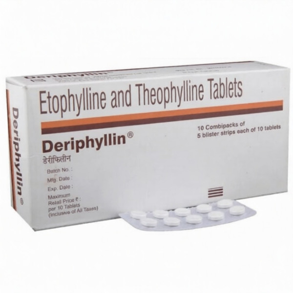 A box and a strip of Etofylline (77mg) + Theophylline (23mg) Generic Tablets