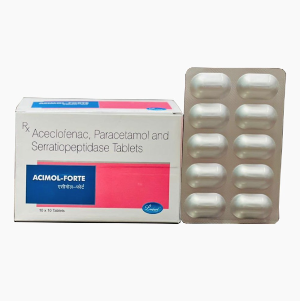 A box and strip of Generic Aceclofenac (100mg) + Paracetamol (500mg) + Serratiopeptidase (15mg) Tablets