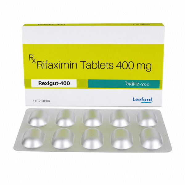A pack and a strip of Rifaximin (400mg) Generic Tablet