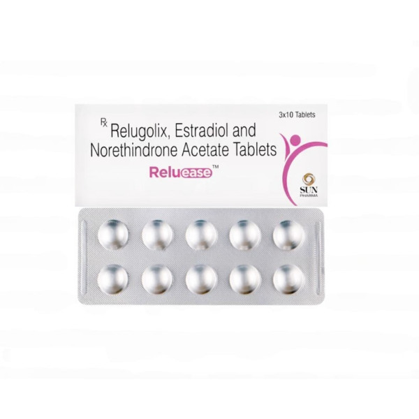 A pack and a strip of Relugolix (40mg) + Estradiol (1mg) + Norethindrone (0.5mg) Generic Tablet