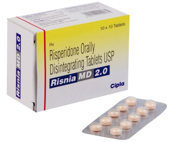 A pack and a strip of Generic Risperidone (2mg) MD Tablet