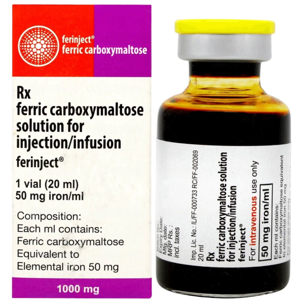 A box and a vial of Ferric Carboxymaltose (1000mg) generic Injection