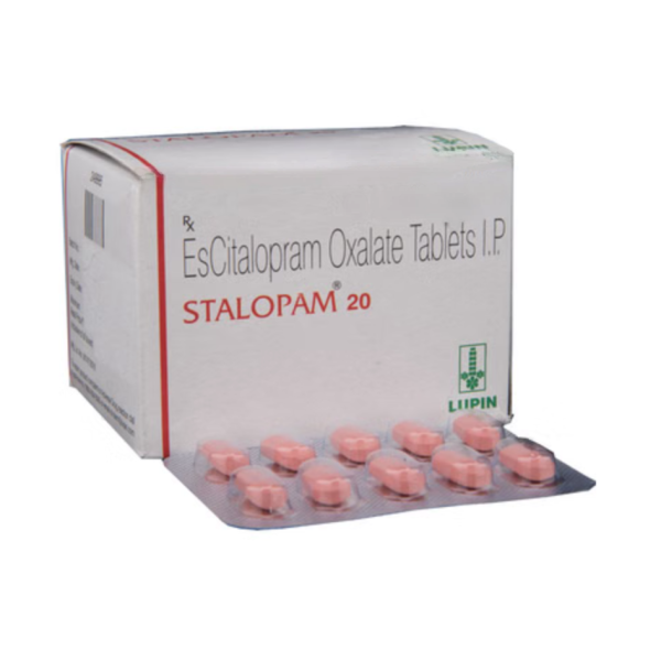 Box and a blister of generic Escitalopram Oxalate 20mg tablets