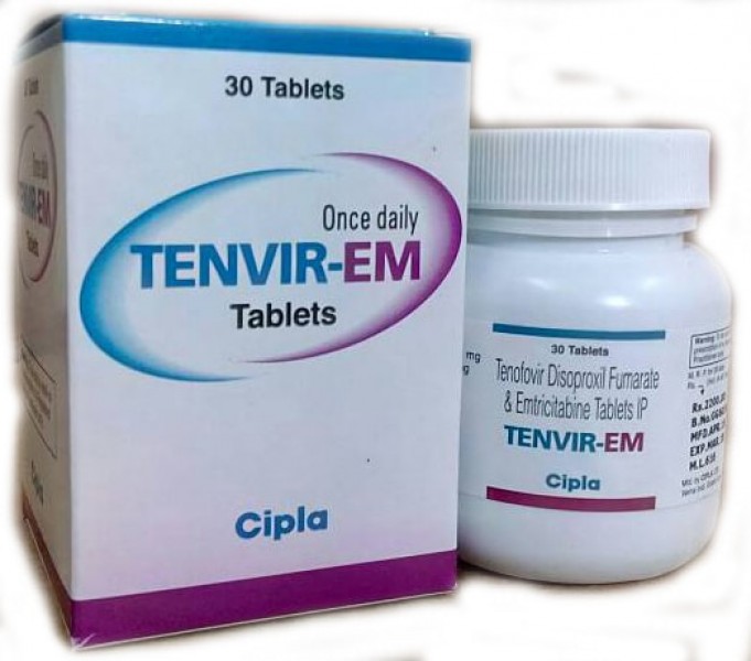 A box and a bottle of generic Emtricitabine (200mg) + Tenofovir (300mg) Tab