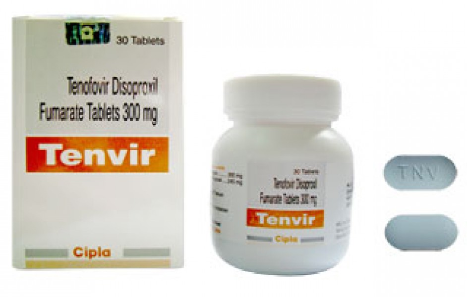 A box pack and a bottle of generic Tenofovir 300mg Tab