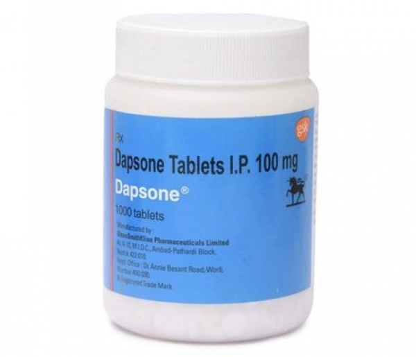 A bottle of Dapsone 100mg Tab