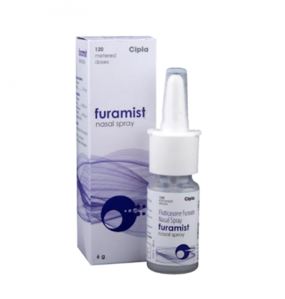A box and a spray bottle of Fluticasone Furoate (27.5mcg) Solution