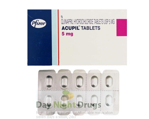 Box and a strip of generic Accupril 5mg Tablets - quinapril hydrochloride
