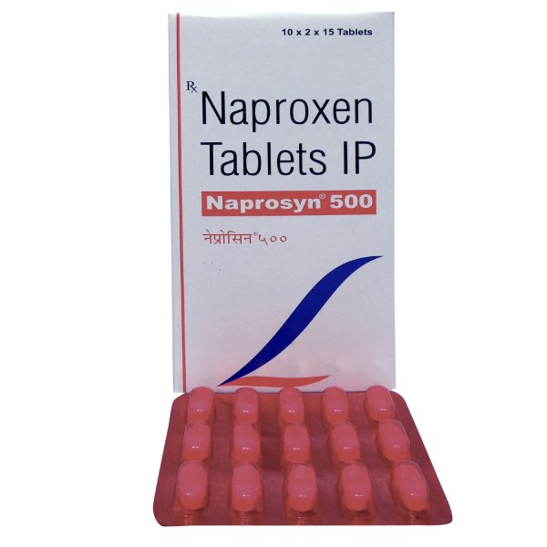 A box and a strip of Naproxen 500 mg Tab