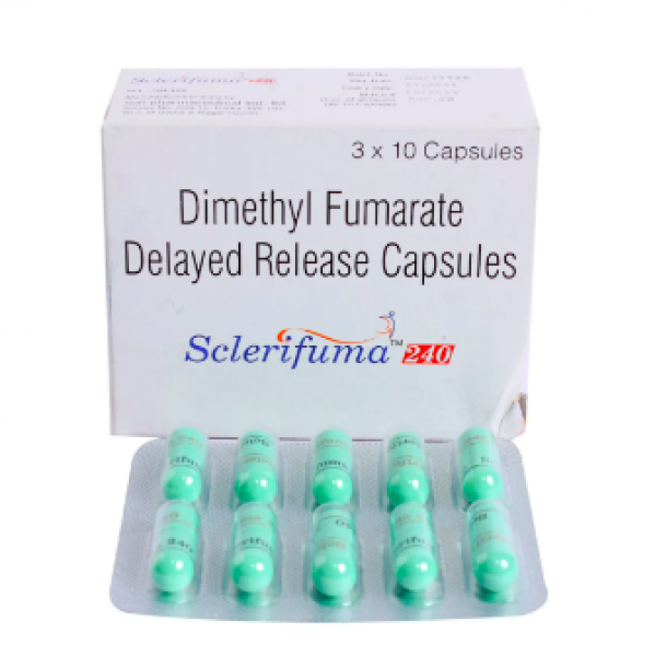 A box and a strip of Dimethyl Fumarate (240mg) Capsules
