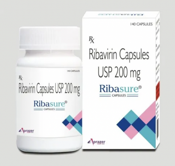 A box and a bottle of generic Ribavirin 200mg Capsules