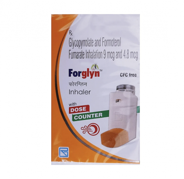A box of Formoterol (4.8mcg) + Glycopyrrolate (9mcg) Inhaler