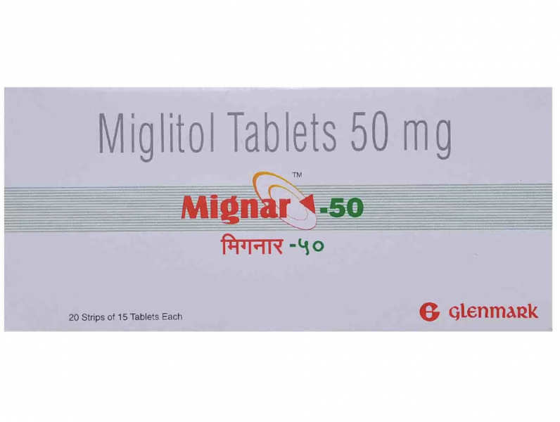 A pack of generic Miglitol 50mg Tablets