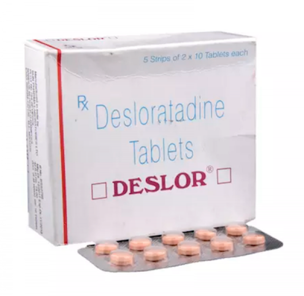 A box and a strip of Desloratadine 5mg Tab