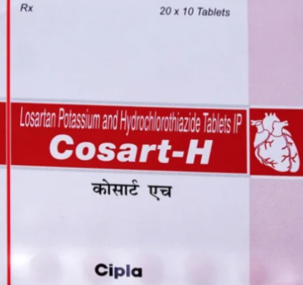 Box and two blister strips of generic Hyzaar 100/25mg Tablets - Losartan Potassium / Hydrochlorothiazide