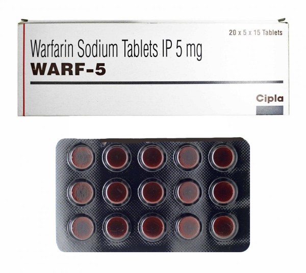 A box and a strip of Warfarin 5mg Tab