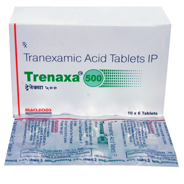 A box and a strip of Tranexamic 500 mg Tab