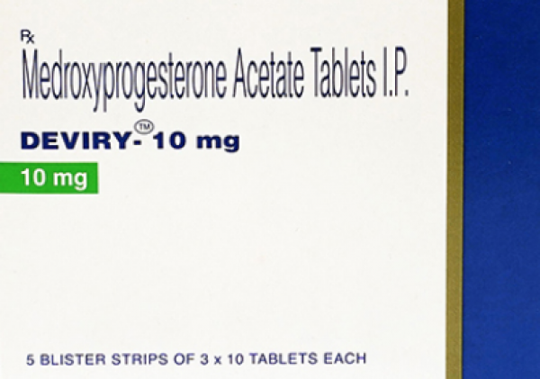 A box of Medroxyprogesterone acetate 10 mg Tab