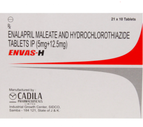 Front and back image of a box of Enalapril (5mg) + Hydrochlorothiazide (12.5mg) Tab