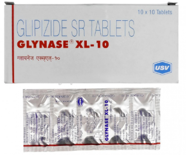 A box and a strip of Glipizide 10mg Tab