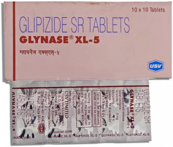 A box and a blister of Glipizide  5mg Tab