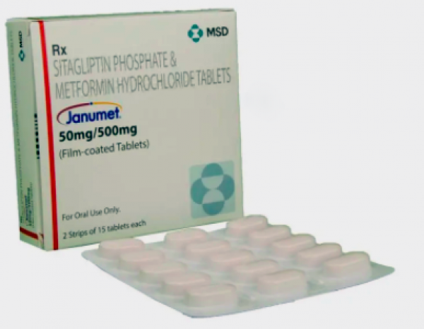 A box and a blister of Sitagliptin (50mg) + Metformin (500mg) Tab