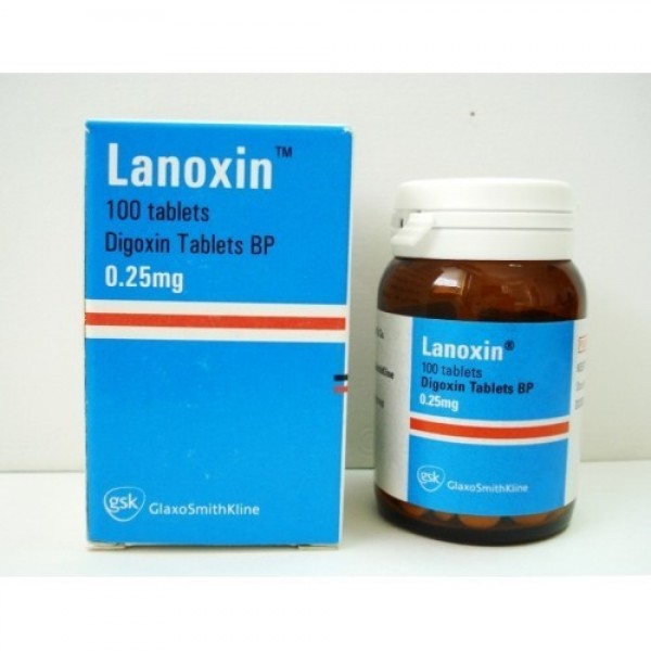A box and a bottle of Lanoxin 0.25 mg Tab 