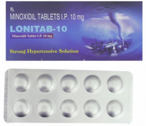 A strip and one box of Minoxidil 10mg tablets