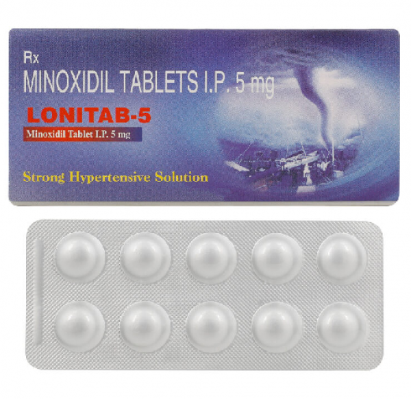 A box of Minoxidil 5mg tablets and a strip