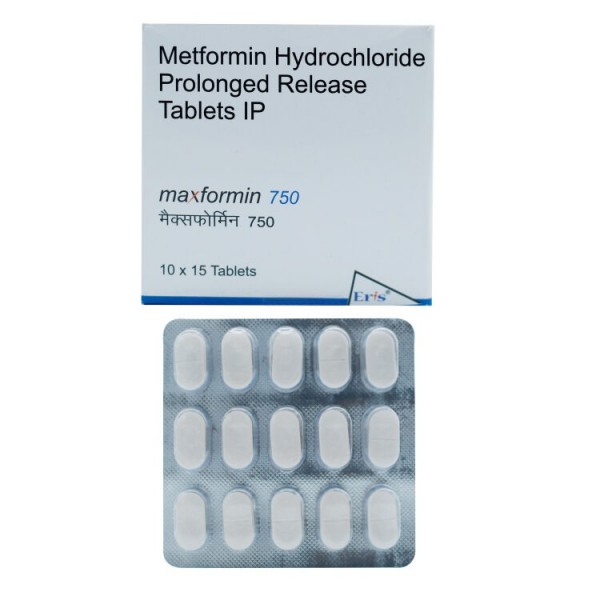 A box and a blister strip of generic Metformin 750mg tablet
