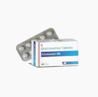 A box and strip of generic Atomoxetine 60mg Tablet
