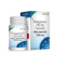 A bottle and a box of Molnupiravir 200mg Capsules