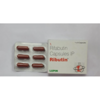 A strip and box of Generic Rifabutin 150mg Capsules